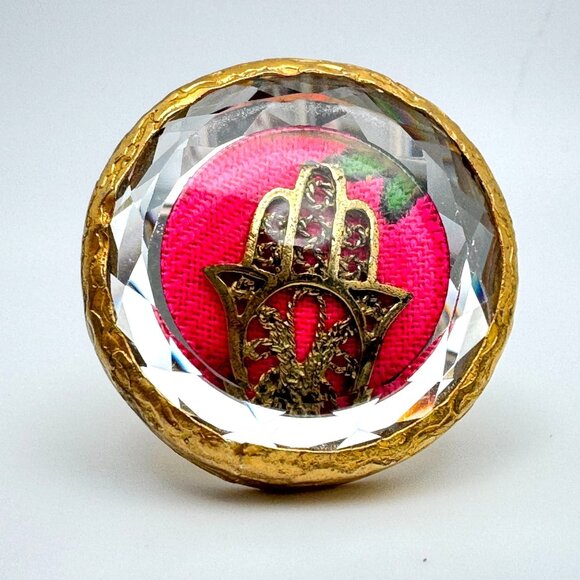 Silver Gold Vermeil Adjustable Hamsa Statement Ring Pink Textile Crystal Accent - Picture 3 of 12